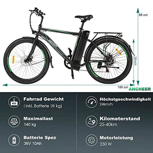 E-Bike ANCHEER 26″ mit Abnehmbarer 10Ah Akku, 6-Gang-Getriebe