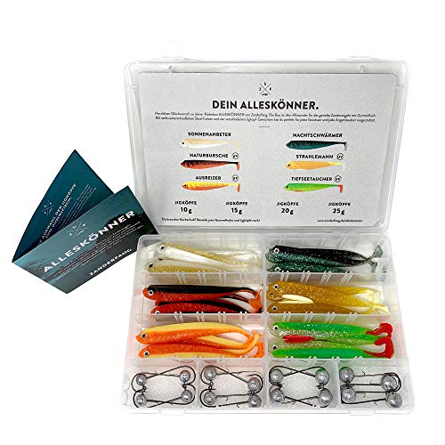 Gummifisch Zanderfang 40 Teile Box e mit Jigköpfen zum Zanderangeln mit | 24 e: 6 Farben; 12,5 cm