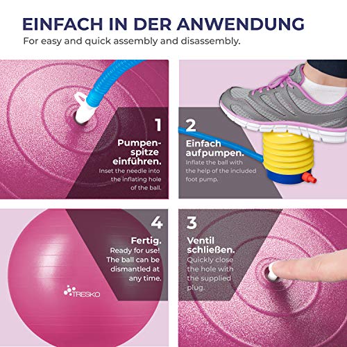 Gymnastikball TRESKO mit GRATIS Übungsposter inkl. Luftpumpe – Yogaball BPA-Frei | Sitzball Büro
