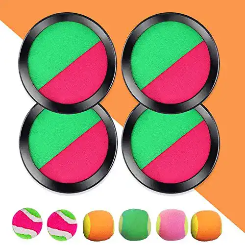 Klettballspiel EPCHOO , Klettball Set mit 4 Klett Ball Paddle und 6 Klettball für Kinder wurf- und Fangspiel