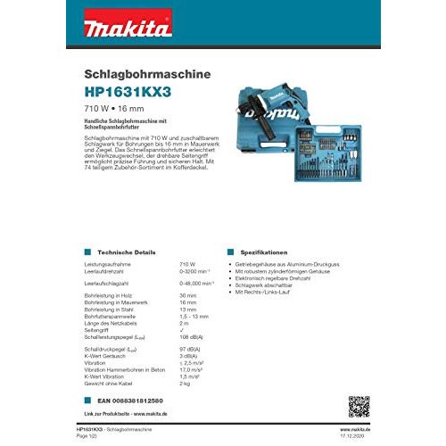 Bohrmaschine Makita HP1631KX3 Schlag im Koffer, 710 W 74tlg.