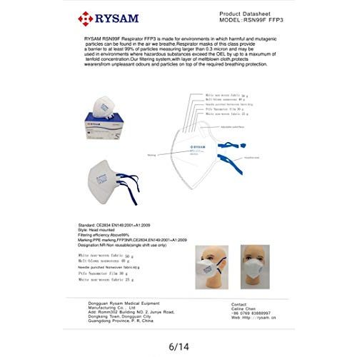 FFP3-Masken (20 Stück) Rysam Zertifizierte FFP3 Maske RSN99F