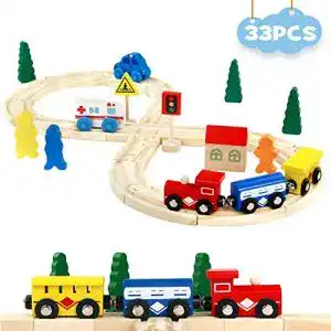 Holzeisenbahn Symiu Holzspielzeug 33pcs Hölzernes Zugset Holz