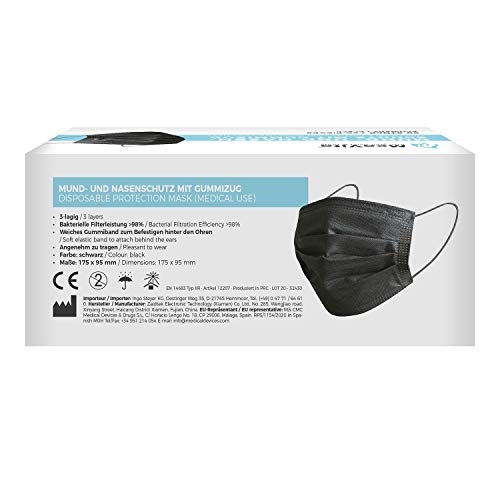 OP-Maske schwarz Mea Vita medizinischer Einweg 50er Pack, Typ IIR
