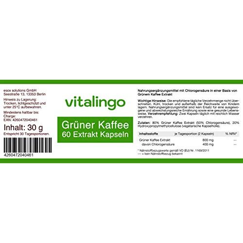 Grüner Kaffee vitalingo Extrakt – Hochdosiert 50% Chlorogensäure