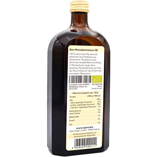 Macadamia-Öl Open Organic Bio-Macadamiaöl 500ml, kaltgepresst