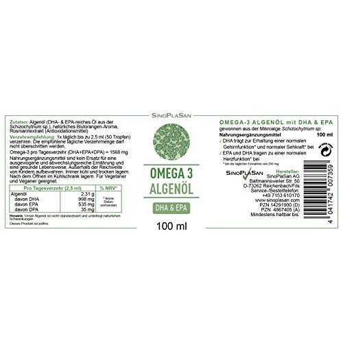 Algenöl Sinoplasan Omega 3, vegan, JETZT MIT TROPFER, 100 ml