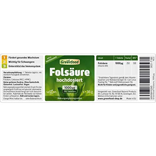 Folsäure Greenfood, 1000 µg, extra hochdosiert, 180 Tabletten