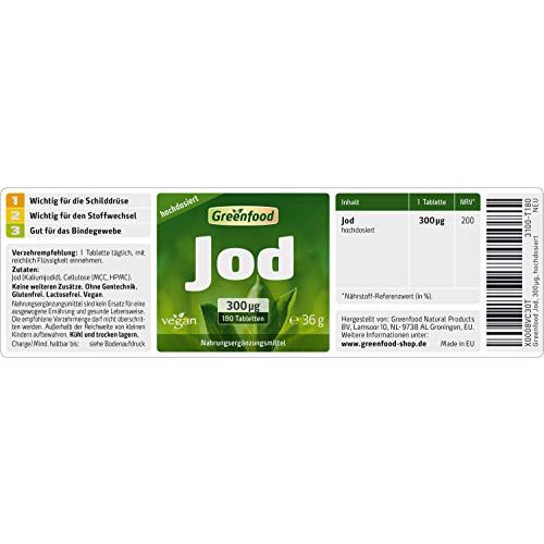 Jodtabletten Greenfood Jod, 300 µg, hochdosiert, 180 Tabletten