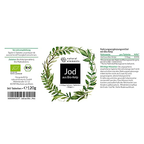 Jodtabletten natural elements Bio Kelp (Natürliches Jod), 365 Tabl.