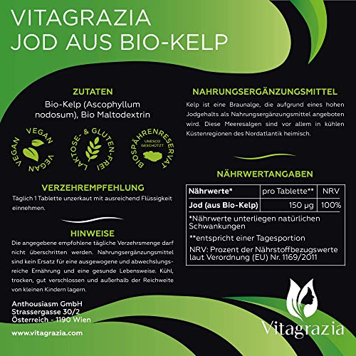 Jodtabletten Vitagrazia ® Bio Kelp, 300 Jod Tabletten je 150 µg Jod