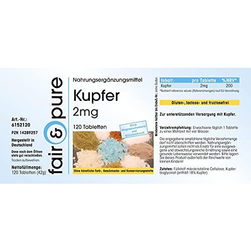 Kupfer-Tabletten Fair & Pure Kupfer 2mg, Kupferbisglycinat, 120