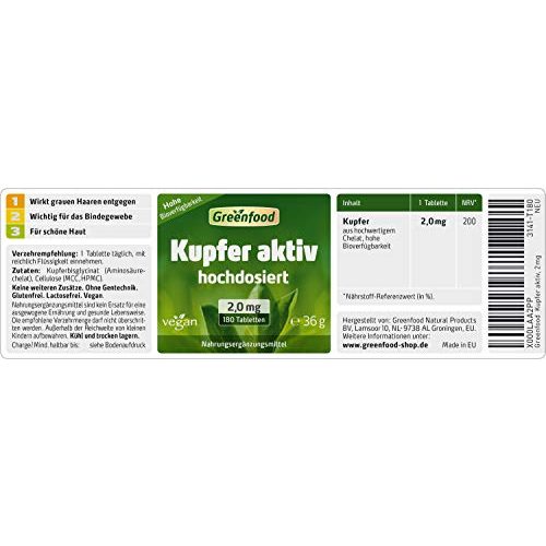Kupfer-Tabletten Greenfood Kupfer aktiv, 2 mg, hochdosiert, 180 St