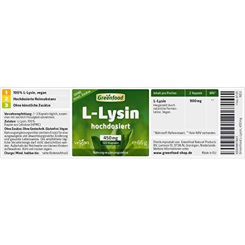Lysin Greenfood L-, 450 mg, hochdosiert, 120 Kapseln, vegan