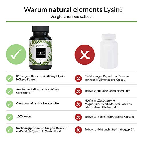 Lysin natural elements L-, 365 Kapseln, pflanzliche Fermentation