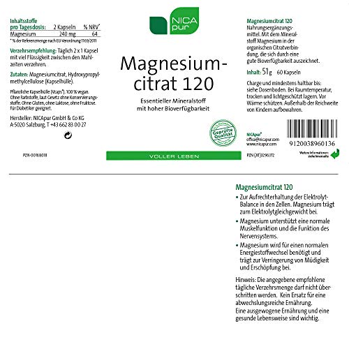 Magnesiumcitrat NICApur 120, 60 Kapseln mit je 120 mg, vegan