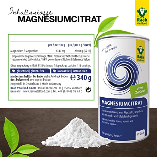 Magnesiumcitrat-Pulver Raab Vitalfood, 340g, Vegan, laborgeprüft