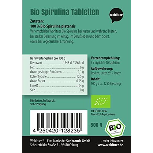 Spirulina Wohltuer Bio Presslinge 500g, Hochdosiert, 1250 Tabl.