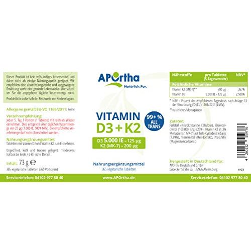 Vitamin-D3-K2 APOrtha, 365 vegetarische Tabletten hochdosiert