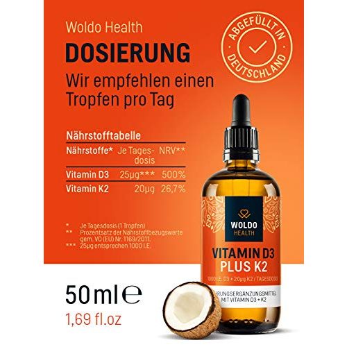 Vitamin-D3-K2 WoldoHealth Vitamin D3 K2 Tropfen, 50ml