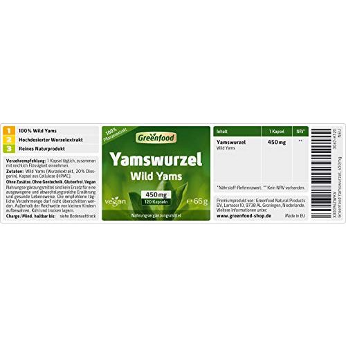 Yamswurzel-Kapseln Greenfood Yamswurzel (Wild Yams), 450 mg