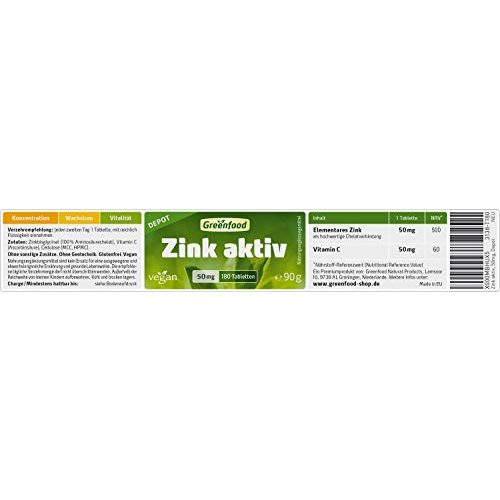 Zinktabletten Greenfood Zink aktiv, 50 mg, hochdosiert, 180 Tabl.
