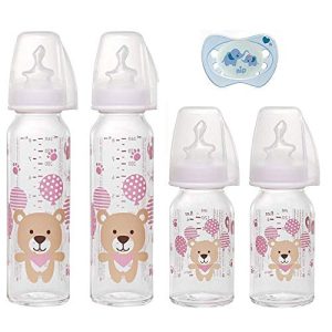 Babyflasche (Glas) NIP Glas Flasche Uni, 4er Set + Schnuller 0-6