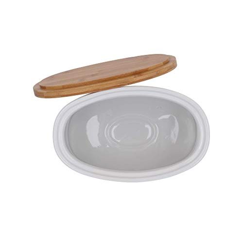 Brotkasten (Keramik) KHG, Weiß Oval mit lockerem Holzdeckel