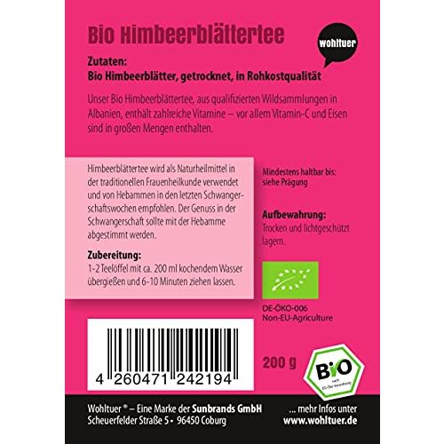 Himbeerblättertee Wohltuer Bio 200g, Wildsammlung, Kräutertee