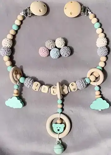 Kinderwagenkette Holz Glücksperle Schnullerkette mit Namen