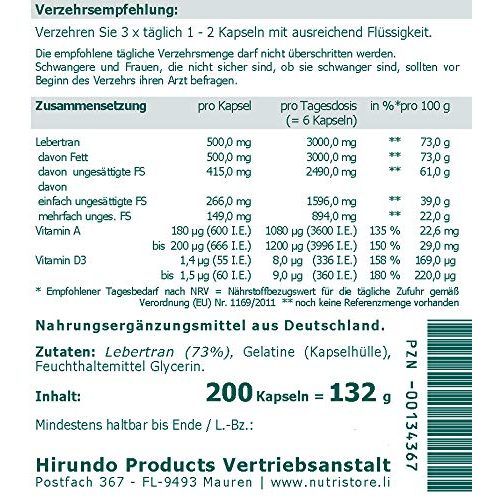 Lebertran-Kapseln Hirundo Products, 500 mg Kapseln 200 Stk.