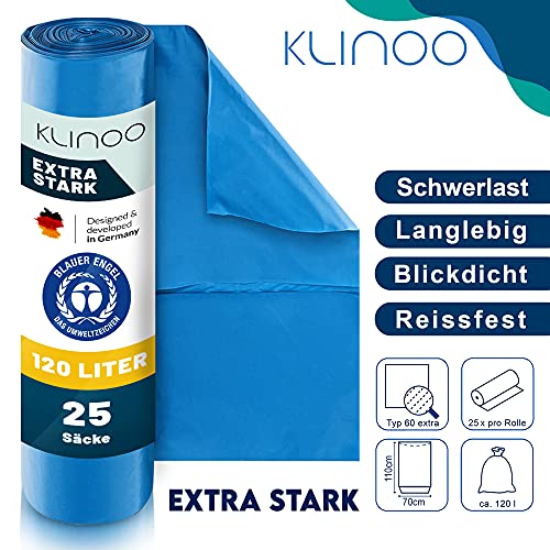 Müllbeutel KLINOO Extra Starke blaue Müllsäcke 120 Liter, 1 Rolle