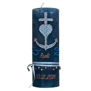 Taufkerze meinkerzenshop Rustik/Vintage mit Kreuz Herz Anker