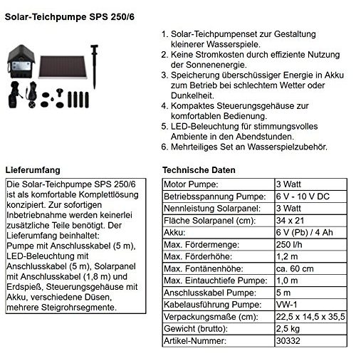 Teichpumpe T.I.P. Solar SPS 250/6, LED Beleuchtung, 3 W