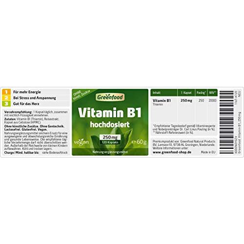 Vitamin B1 Greenfood, 250 mg, hochdosiert, 120 Kapseln
