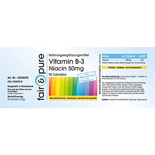 Vitamin B3 Fair & Pure Tabletten, Niacin 50mg, 90 Niacin-Tabletten