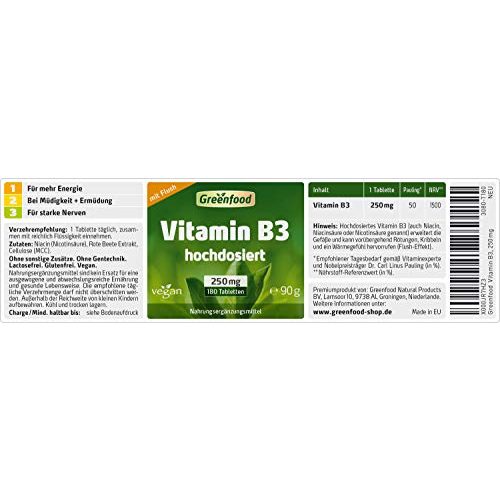 Vitamin B3 Greenfood (Niacin), 250 mg, hochdosiert, 180 Tabletten