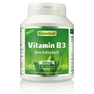 Vitamin B3 Greenfood (Niacin), 250 mg, hochdosiert, 180 Tabletten