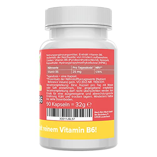 Vitamin B6 Vitamineule Kapseln, hochdosiert & vegan, 25mg