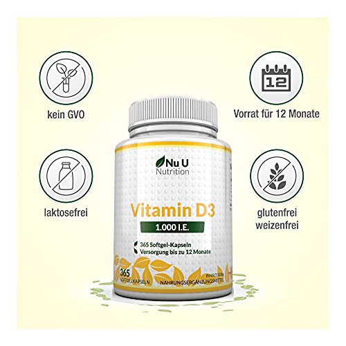 Vitamin-D-Tabletten Nu U Nutrition Vitamin D3 1.000 I.E., 365 Soft