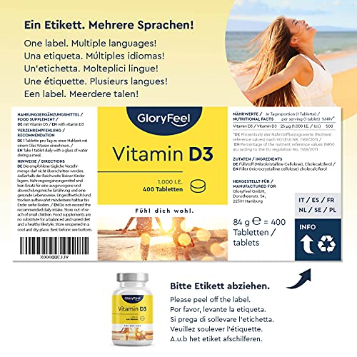 Vitamin-D3-Tabletten gloryfeel Vitamin D Sonnenvitamin, 400 Tabl.