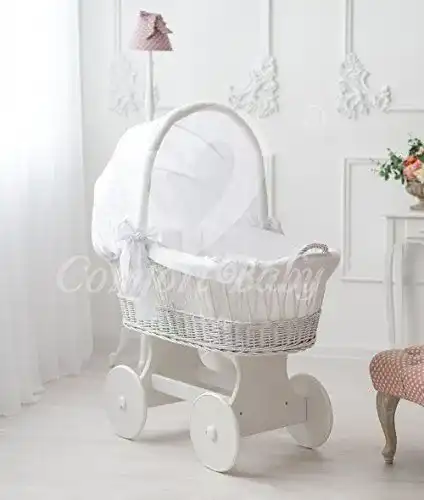 Stubenwagen ComfortBaby ® Snugly Holzfarbe Weiss, inkl. Bettset