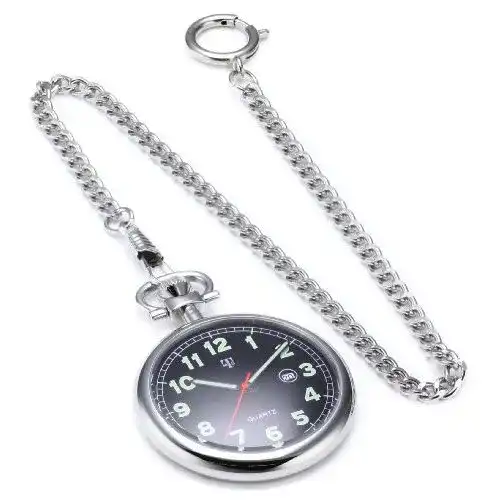Taschenuhr MTS Edelstahl mit Kette, wasserdicht, Leuchtzeiger