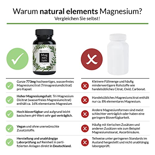 Magnesiumcitrat-Kapseln natural elements, 365 Kapseln