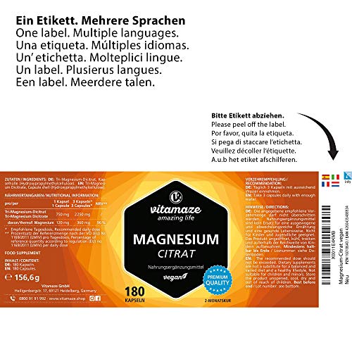 Magnesiumcitrat-Kapseln Vitamaze – amazing life, 180 Kapseln