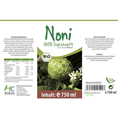 Noni-Saft MEDICURA Bio Noni 100 % Direktsaft, 750 ml Glasflasche