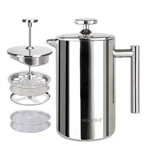French-Press Edelstahl Secura, isoliert, mit 2 extra Sieben, 0,35 l