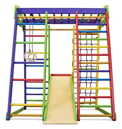 Klettergerüst Indoor SportBaby, Holz Spielplatz mit Rutschbahn