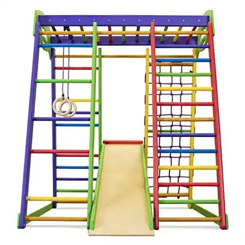 Klettergerüst Indoor SportBaby, Holz Spielplatz mit Rutschbahn