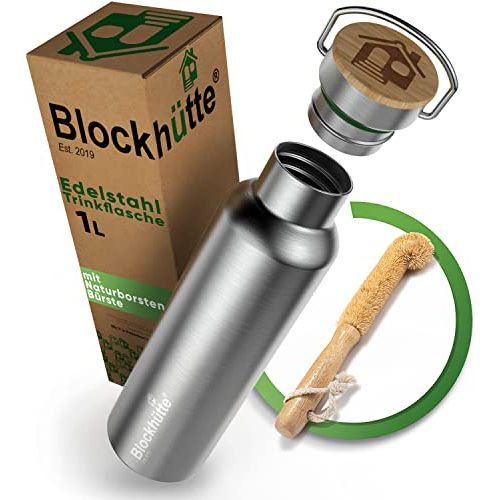 Edelstahl-Trinkflasche 1 Liter Blockhütte Premium isoliert